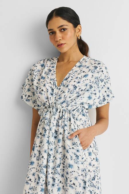 Buy_Reistor_White Crepe V-neck Floral Print Gathered Dress _Online_at_Aza_Fashions