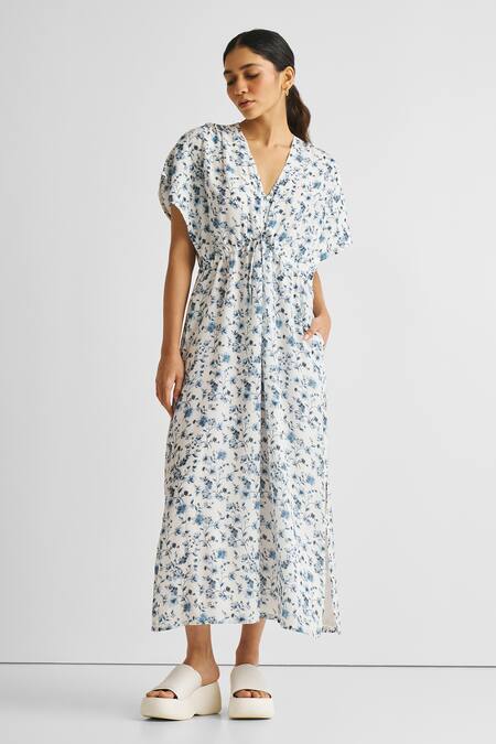 Shop_Reistor_White Crepe V-neck Floral Print Gathered Dress _Online_at_Aza_Fashions