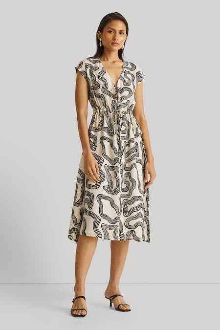 Reistor Off White Crepe V-neck Printed Drawstring Dress