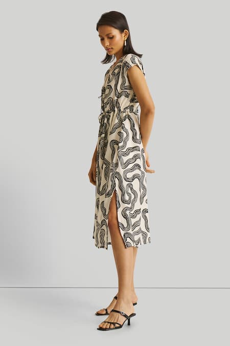 Reistor_Off White Crepe V-neck Printed Drawstring Dress _Online_at_Aza_Fashions