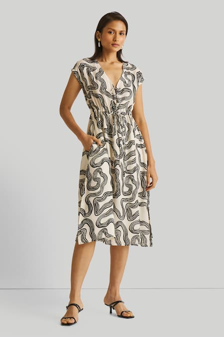 Buy_Reistor_Off White Crepe V-neck Printed Drawstring Dress _Online_at_Aza_Fashions