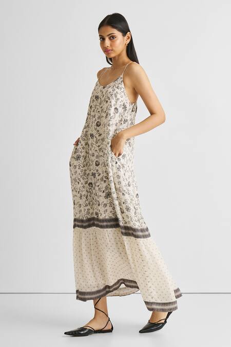 Shop_Reistor_Off White Crepe Scoop Neck Wildflower And Dot Print Maxi Dress _Online_at_Aza_Fashions