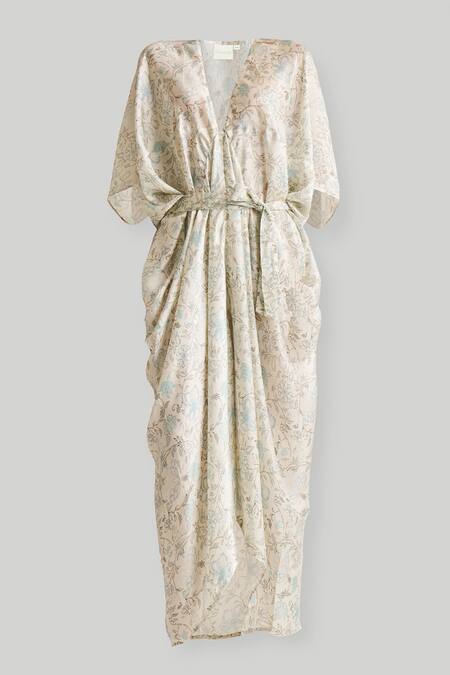 Reistor_Off White Bemberg V-neck Printed Kaftan Dress _Online_at_Aza_Fashions