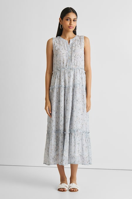 Reistor_Sky Blue Crepe Split V-neck Floral Print Tiered Dress _Online_at_Aza_Fashions