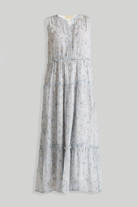 Buy_Reistor_Sky Blue Crepe Split V-neck Floral Print Tiered Dress _Online_at_Aza_Fashions