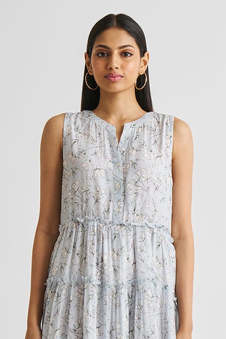 Shop_Reistor_Sky Blue Crepe Split V-neck Floral Print Tiered Dress _Online_at_Aza_Fashions