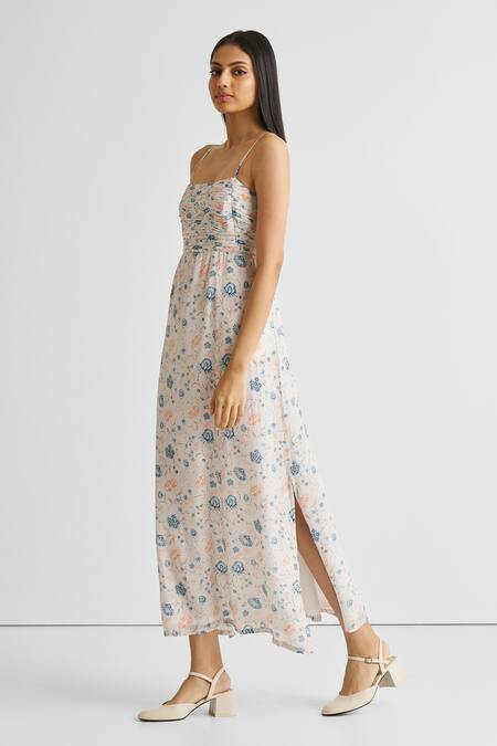 Reistor White Crepe Square Neck Ruched Strappy Floral Maxi Dress Online at Aza Fashions Reistor_White Crepe Square Neck Ruched Strappy Floral Maxi Dress _Online_at_Aza_Fashions