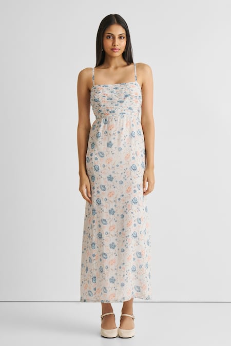 Buy Reistor White Crepe Square Neck Ruched Strappy Floral Maxi Dress Online at Aza Fashions Buy_Reistor_White Crepe Square Neck Ruched Strappy Floral Maxi Dress _Online_at_Aza_Fashions