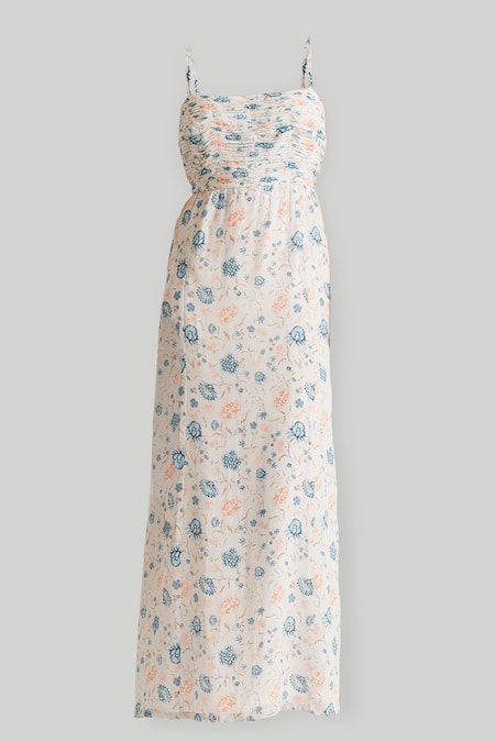 Shop Reistor White Crepe Square Neck Ruched Strappy Floral Maxi Dress Online at Aza Fashions Shop_Reistor_White Crepe Square Neck Ruched Strappy Floral Maxi Dress _Online_at_Aza_Fashions