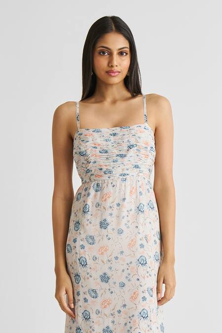 Reistor White Crepe Square Neck Ruched Strappy Floral Maxi Dress at Aza Fashions Reistor_White Crepe Square Neck Ruched Strappy Floral Maxi Dress _at_Aza_Fashions