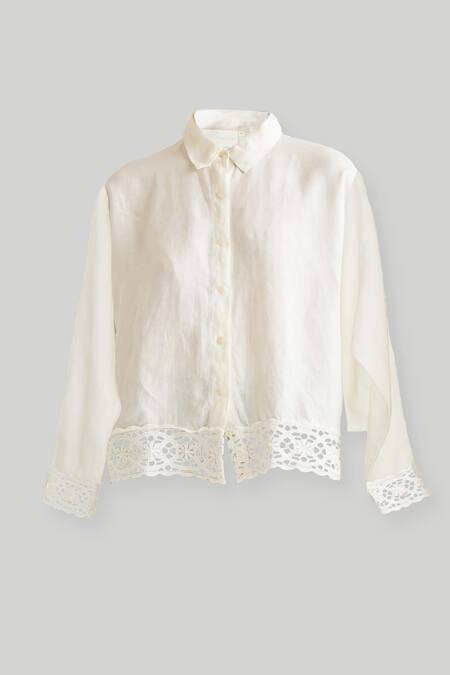 Reistor Off White Cotton Lace Collared Detail Button Down Shirt Online at Aza Fashions Reistor_Off White Cotton Lace Collared Detail Button Down Shirt _Online_at_Aza_Fashions