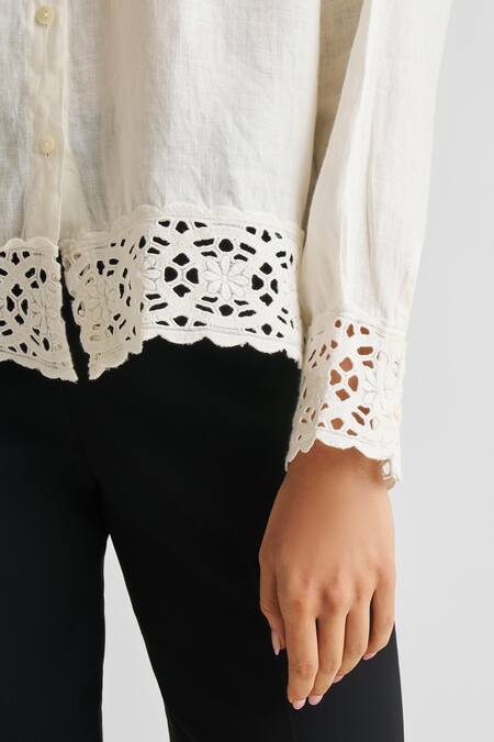 Buy Reistor Off White Cotton Lace Collared Detail Button Down Shirt Online at Aza Fashions Buy_Reistor_Off White Cotton Lace Collared Detail Button Down Shirt _Online_at_Aza_Fashions
