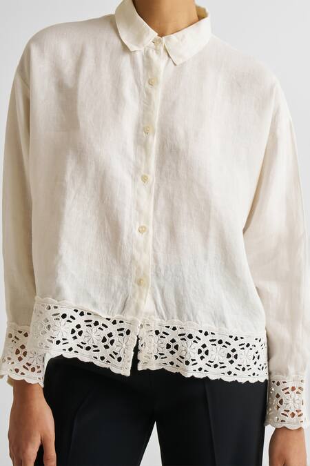 Shop Reistor Off White Cotton Lace Collared Detail Button Down Shirt Online at Aza Fashions Shop_Reistor_Off White Cotton Lace Collared Detail Button Down Shirt _Online_at_Aza_Fashions