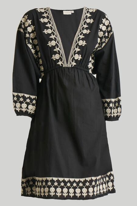Reistor Black Cotton Embroidery V-neck Dress Online at Aza Fashions Reistor_Black Cotton Embroidery V-neck Dress _Online_at_Aza_Fashions