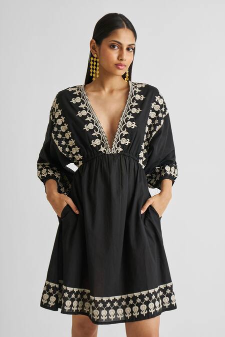 Buy Reistor Black Cotton Embroidery V-neck Dress Online at Aza Fashions Buy_Reistor_Black Cotton Embroidery V-neck Dress _Online_at_Aza_Fashions