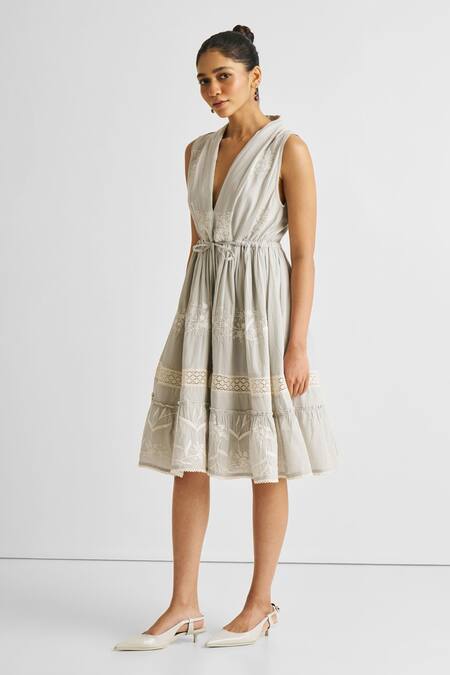 Reistor Gray Cotton Embroidery, Lace V-neck Gathered Dress Online at Aza Fashions Reistor_Gray Cotton Embroidery, Lace V-neck Gathered Dress _Online_at_Aza_Fashions