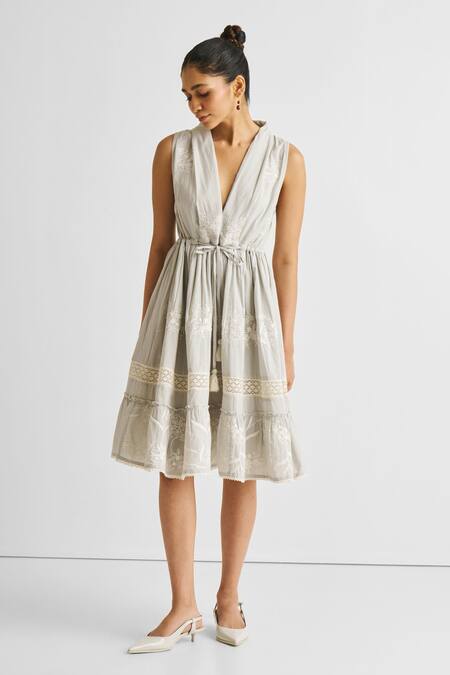 Buy Reistor Gray Cotton Embroidery, Lace V-neck Gathered Dress Online at Aza Fashions Buy_Reistor_Gray Cotton Embroidery, Lace V-neck Gathered Dress _Online_at_Aza_Fashions