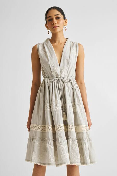Shop Reistor Gray Cotton Embroidery, Lace V-neck Gathered Dress Online at Aza Fashions Shop_Reistor_Gray Cotton Embroidery, Lace V-neck Gathered Dress _Online_at_Aza_Fashions