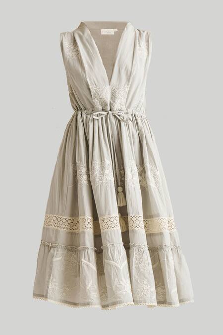 Reistor Gray Cotton Embroidery, Lace V-neck Gathered Dress at Aza Fashions Reistor_Gray Cotton Embroidery, Lace V-neck Gathered Dress _at_Aza_Fashions