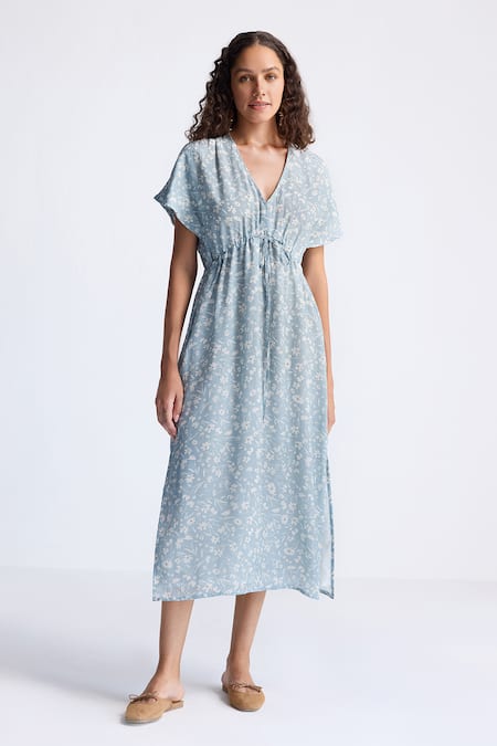 Reistor Floral Print Gathered V-Neck Dress 