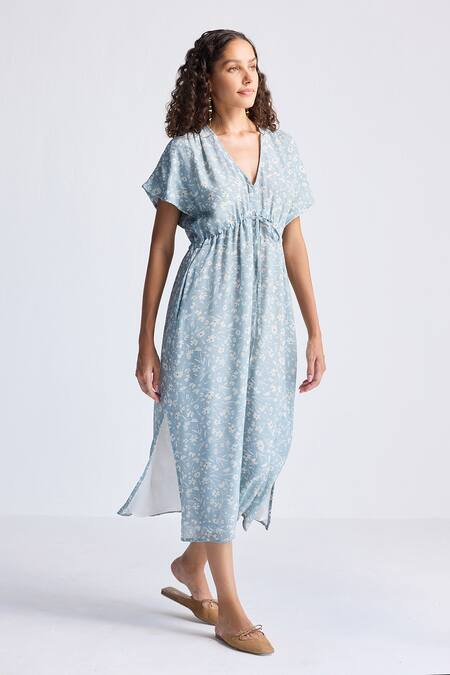 Reistor_Sky Blue Crepe V-neck Floral Print Gathered Dress _Online_at_Aza_Fashions