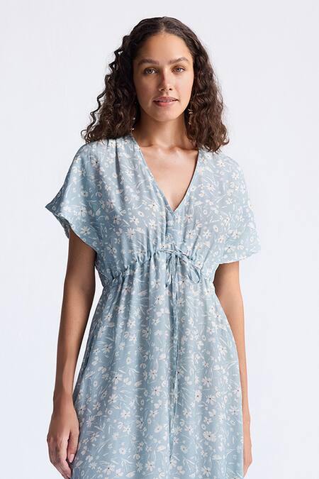 Buy_Reistor_Sky Blue Crepe V-neck Floral Print Gathered Dress _Online_at_Aza_Fashions