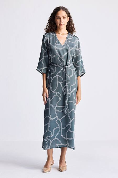 Reistor_Gray Satin V-neck Abstract Print Boxy Slip Dress _Online_at_Aza_Fashions