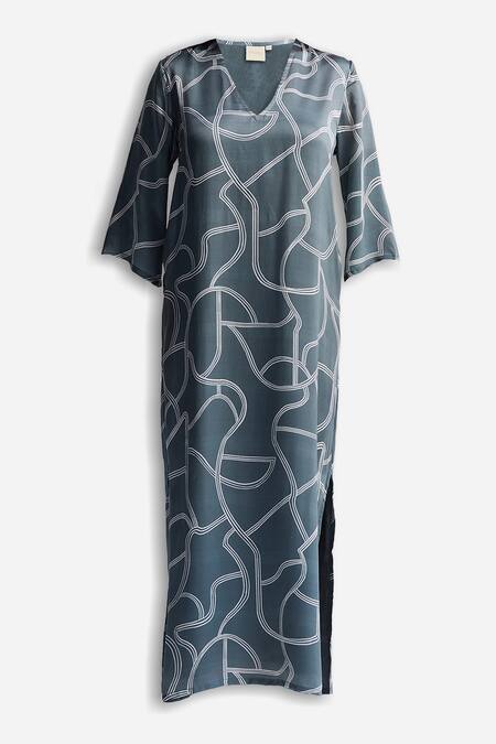 Buy_Reistor_Gray Satin V-neck Abstract Print Boxy Slip Dress _Online_at_Aza_Fashions