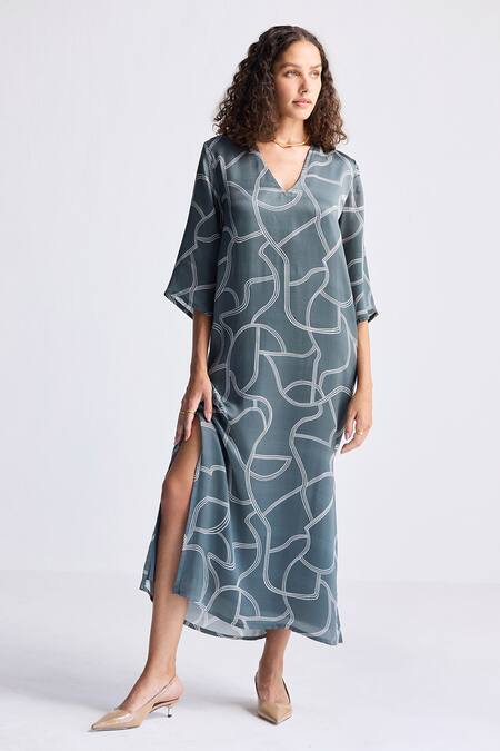Shop_Reistor_Gray Satin V-neck Abstract Print Boxy Slip Dress _Online_at_Aza_Fashions