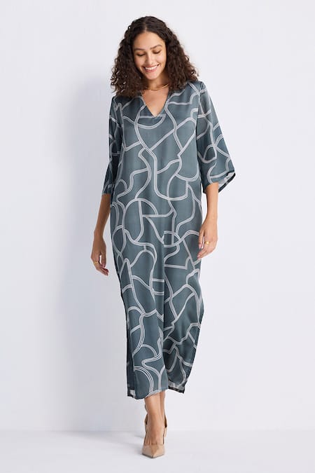 Reistor Gray Satin V-neck Abstract Print Boxy Slip Dress