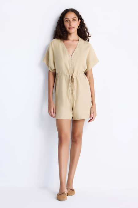 Reistor_Beige Cotton V-neck Drawstring Waist Romper _Online_at_Aza_Fashions