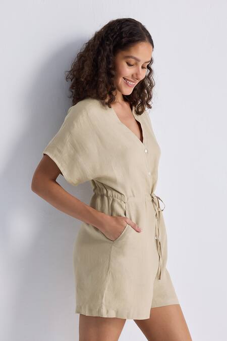 Shop_Reistor_Beige Cotton V-neck Drawstring Waist Romper _Online_at_Aza_Fashions