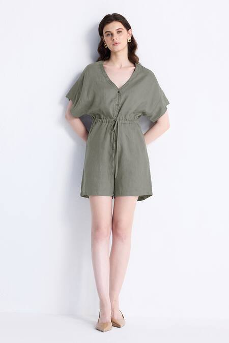 Buy_Reistor_Olive Green Cotton V-neck V Drawstring Waist Romper _Online_at_Aza_Fashions