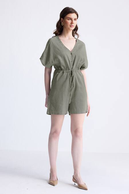 Shop_Reistor_Olive Green Cotton V-neck V Drawstring Waist Romper _Online_at_Aza_Fashions