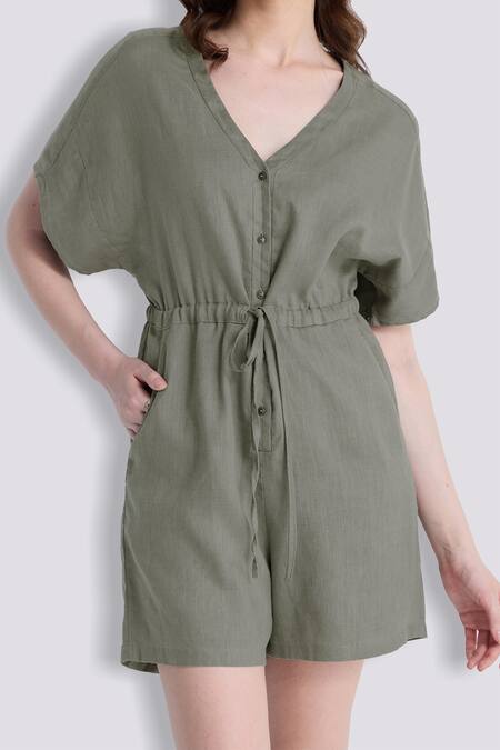 Reistor_Olive Green Cotton V-neck V Drawstring Waist Romper _at_Aza_Fashions