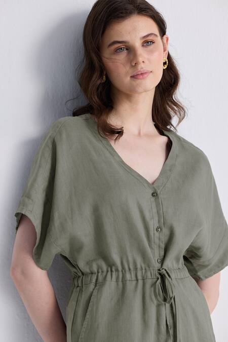 Shop_Reistor_Olive Green Cotton V-neck V Drawstring Waist Romper 
