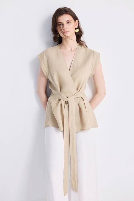 Reistor_Beige Cotton V-neck Wrap Top _Online_at_Aza_Fashions