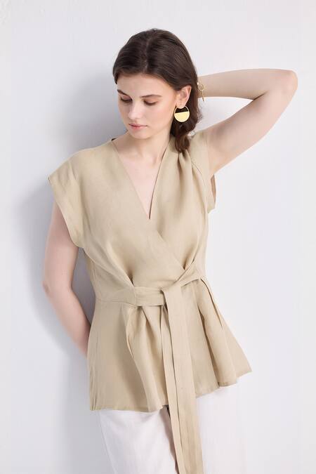 Buy_Reistor_Beige Cotton V-neck Wrap Top _Online_at_Aza_Fashions