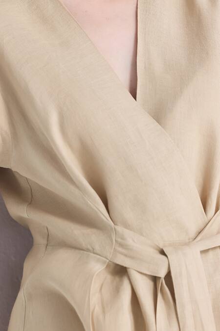 Shop_Reistor_Beige Cotton V-neck Wrap Top _Online_at_Aza_Fashions