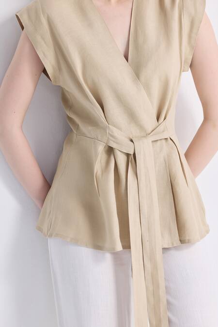 Reistor_Beige Cotton V-neck Wrap Top _at_Aza_Fashions