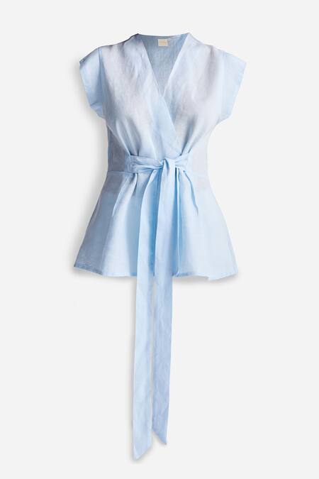 Reistor Sky Blue Cotton V-neck Wrap Top Online at Aza Fashions Reistor_Sky Blue Cotton V-neck Wrap Top _Online_at_Aza_Fashions