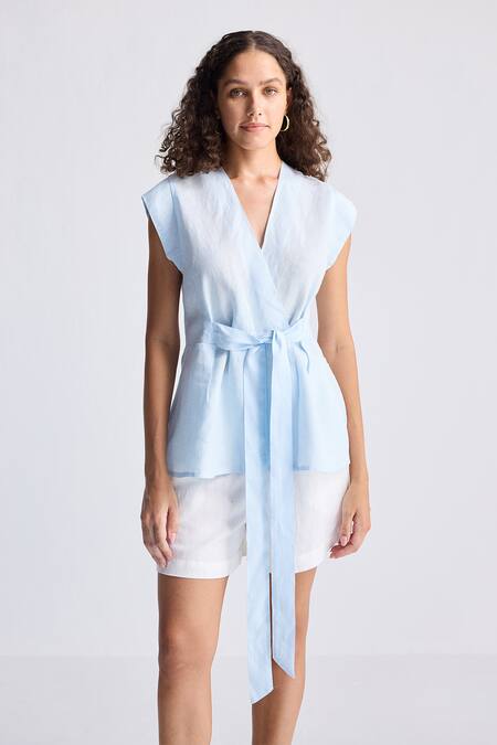Buy Reistor Sky Blue Cotton V-neck Wrap Top Online at Aza Fashions Buy_Reistor_Sky Blue Cotton V-neck Wrap Top _Online_at_Aza_Fashions