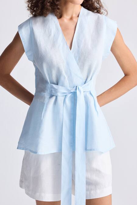 Shop Reistor Sky Blue Cotton V-neck Wrap Top Online at Aza Fashions Shop_Reistor_Sky Blue Cotton V-neck Wrap Top _Online_at_Aza_Fashions