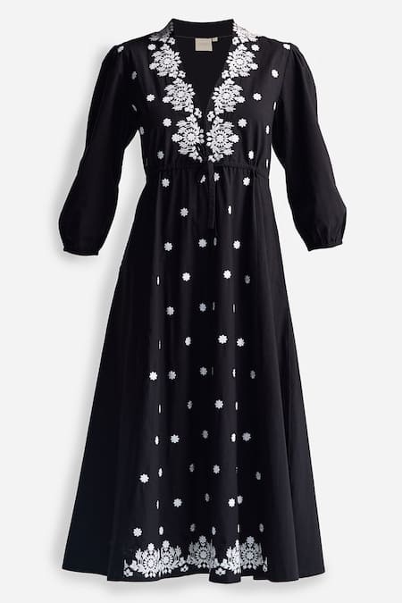 Reistor_Black Cotton Embroidery V-neck Drawstring Dress _Online_at_Aza_Fashions