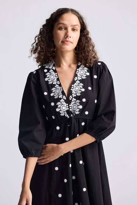 Reistor_Black Cotton Embroidery V-neck Drawstring Dress _at_Aza_Fashions