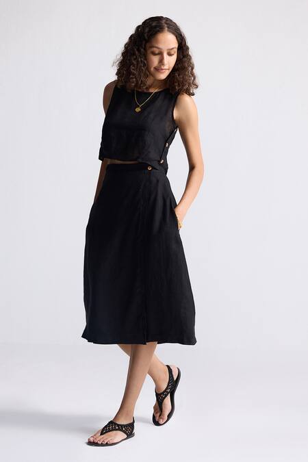 Shop_Reistor_Black Cotton Round Neck Sleeveless Crop Top With Wrap Skirt _Online_at_Aza_Fashions