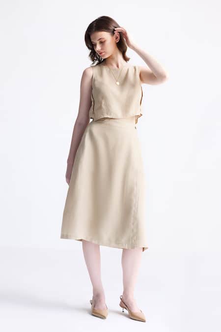 Reistor_Beige Cotton Boat Neck Overlap Midi Skirt And Crop Top Set _Online_at_Aza_Fashions