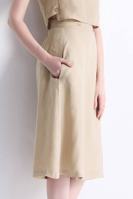 Buy_Reistor_Beige Cotton Boat Neck Overlap Midi Skirt And Crop Top Set _Online_at_Aza_Fashions