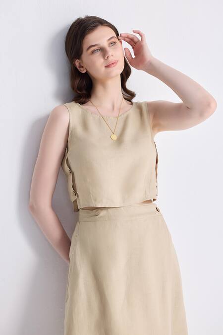 Shop_Reistor_Beige Cotton Boat Neck Overlap Midi Skirt And Crop Top Set _Online_at_Aza_Fashions