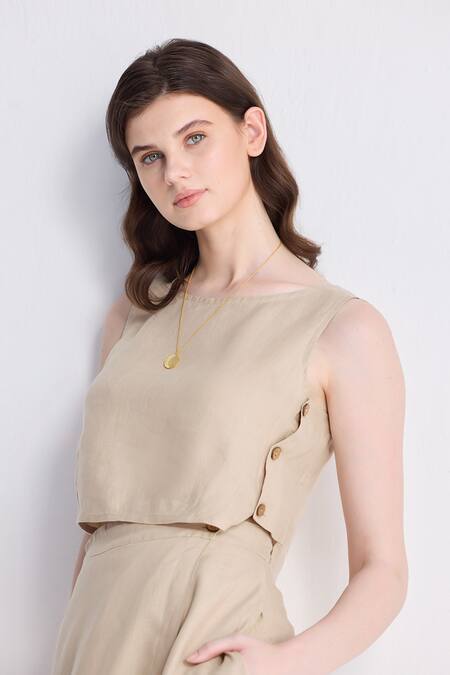 Reistor_Beige Cotton Boat Neck Overlap Midi Skirt And Crop Top Set _at_Aza_Fashions
